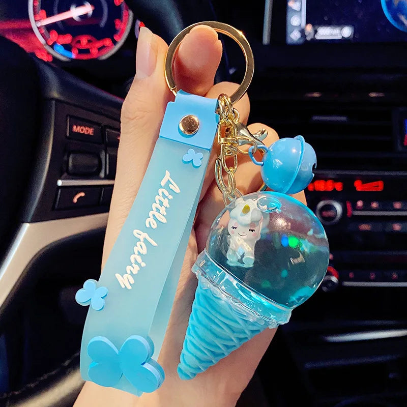Cute Creative Crystal Ice Cream Keychain Luxury Fashion Women Bag Pendant Keyfob 3D Floating Moving Liquid Quicksand Keychain