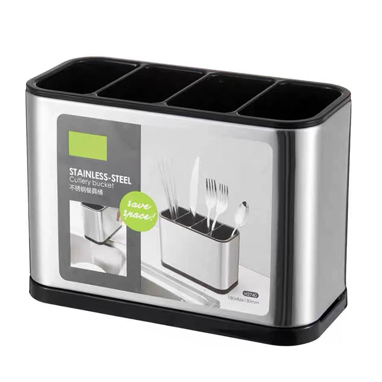 Anti Slip Scratch Rustproof Kitchen Countertop Stainless Steel Flatware Organizer Utensil Crock Holder Caddy 4 Divider Drip Tray