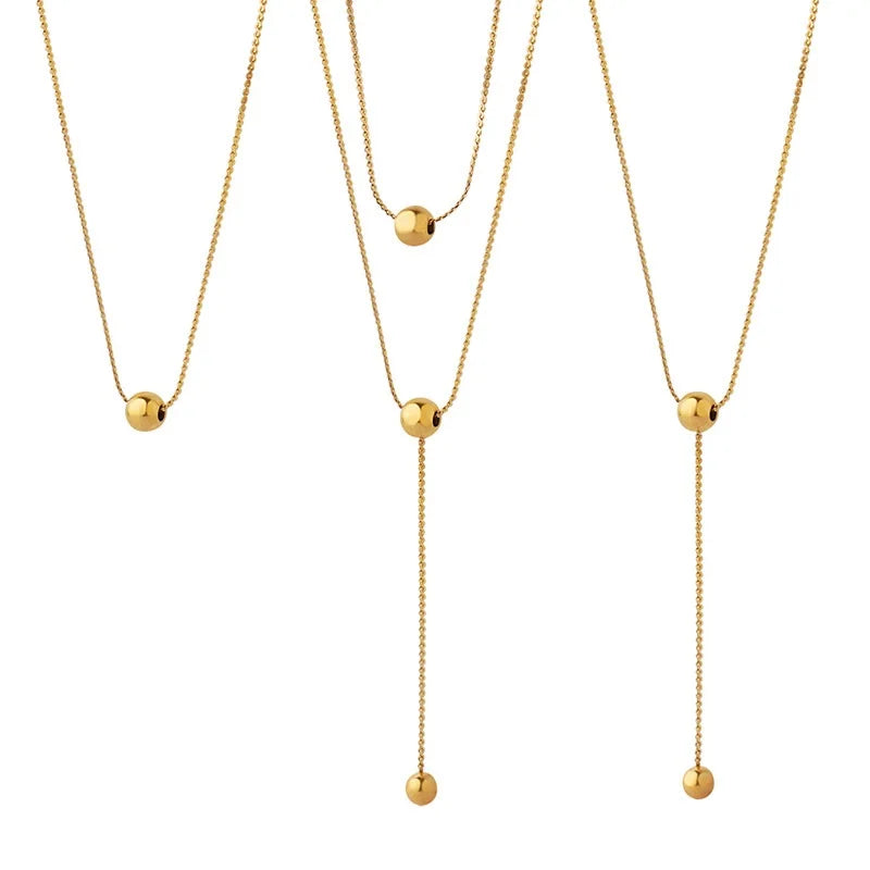 JOOLIM Ready to Ship High End 18k Gold Plated Stainless Steel Double-layer Beads Tassel Dainty Chain Necklace Fashion Jewelry MegaBDM