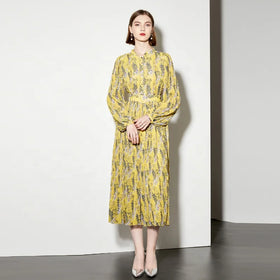 Spring New Leisure Women's Printed Pleated Dress Lantern Sleeves Plus Size Long Dress