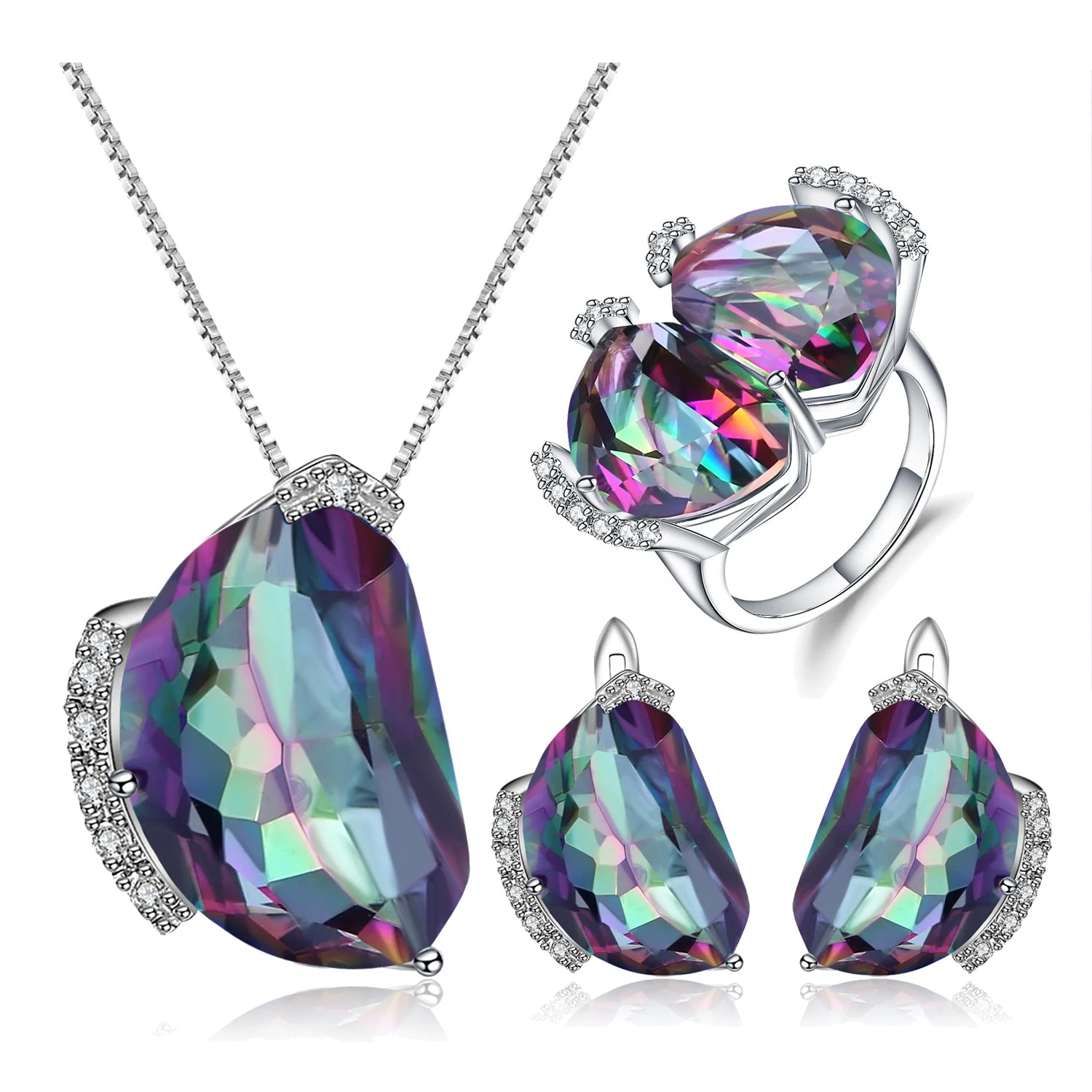 SD010 Abiding Fine Jewelry Rainbow Mystic Quartz Gemstone 3 Pieces Women Ring Earring Necklace Wedding Bridal Jewelry Sets
