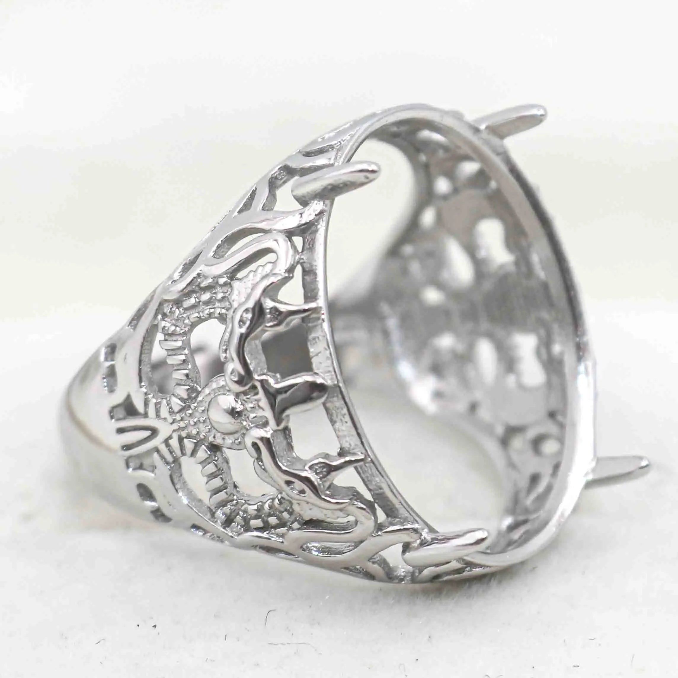 Sterling Silver 17*21mm Semi Mount Men's Ring Frame Empty Blank Claw Setting S925 Base Holder Without Center Stone for DIY Inlay
