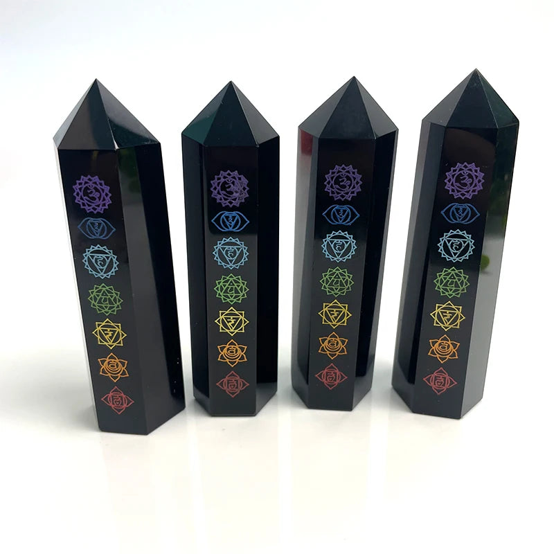 Crystals Tower Healing Stone Pattern Quartz Black Obsidian Crystal Seven Chakra Tower With Sun Moon Crystal Points