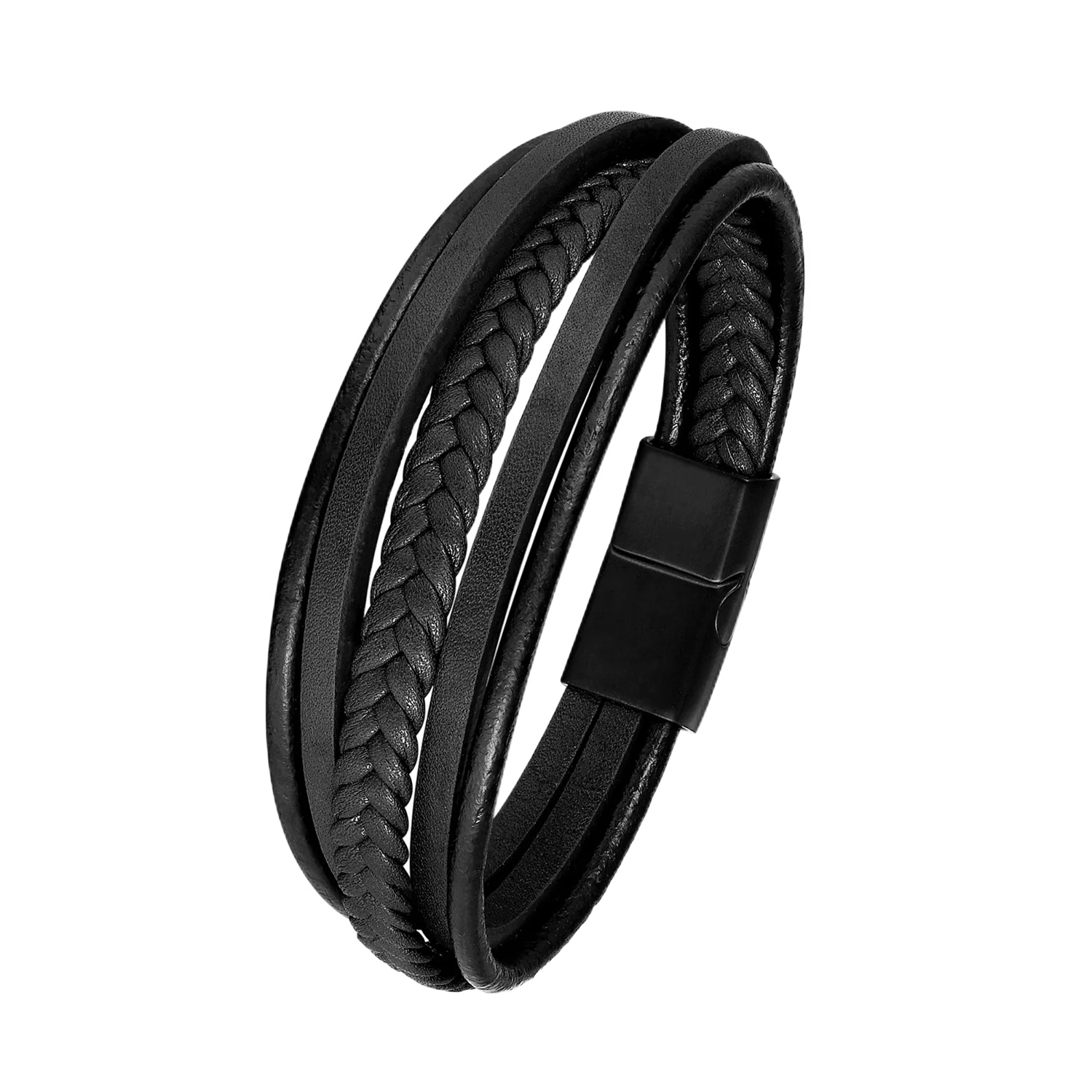 Men's New Multilayer Leather Braided Bracelet with Black Stainless Steel Plated Magnetic Clasp Fashion Charm Bracelets