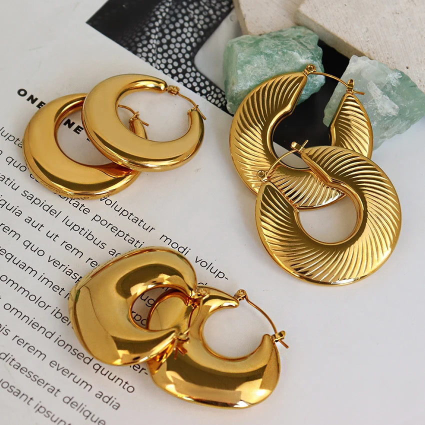 Vintage Stainless Steel Chunky Earrings Hypoallergenic Jewelry 18K Gold Plated Big Size Chunky Hoop Earring for Women
