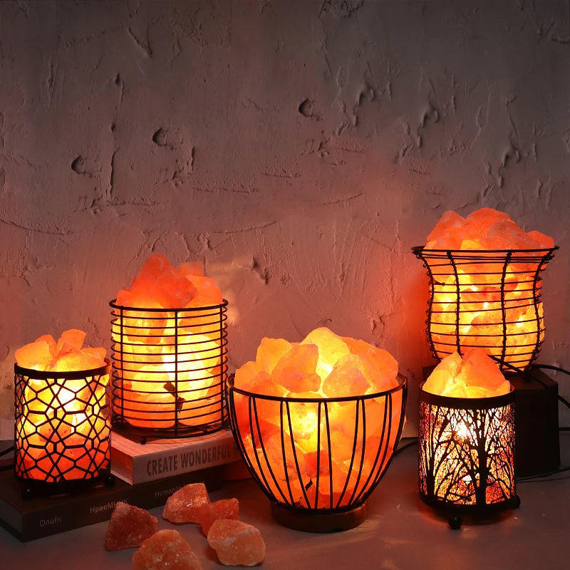 Natural Stone Salt Lamp with Metal Holder Crystal Himalayan Salt Lamp Tabletop Night Light Salt Lamp for Home&Gifts