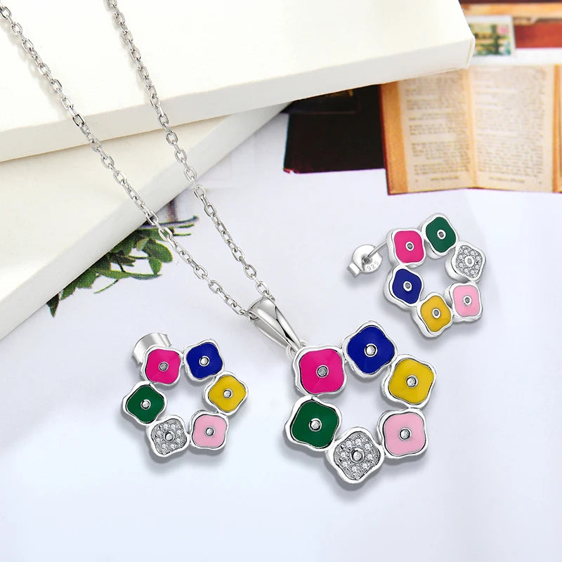 Custom Design New Fashion 2 Piece Earrings Pendant Necklace 925 Sterling Silver Flower Colorful Enamel Jewelry Set