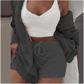 Women's Winter Plush Homewear Casual 3 Piece Pajamas Long Sleeve Shorts Sports Suit Women