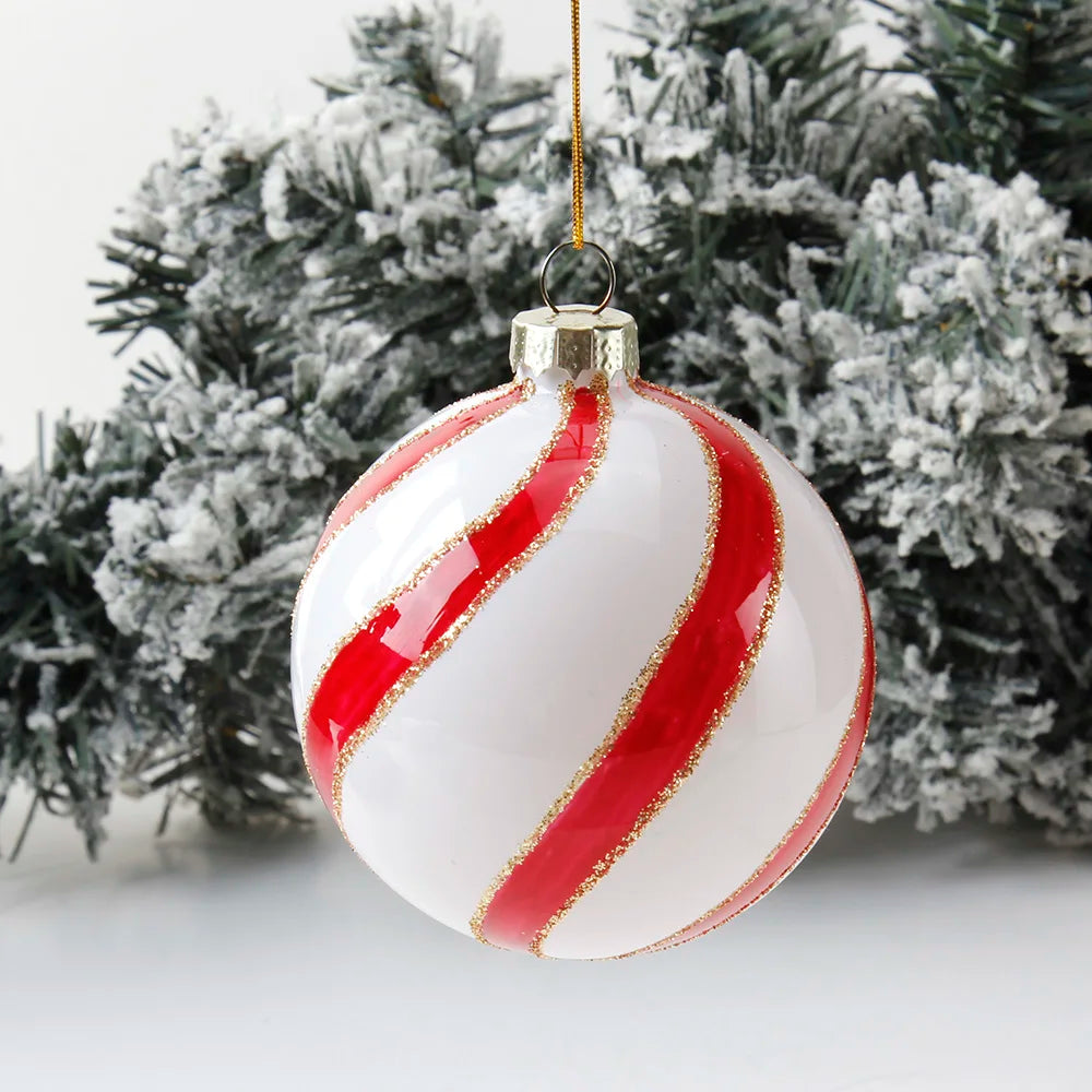 8CM High Quality White and Red Striped Glitter Glass European Style Hanging Ornament Ball for Christmas