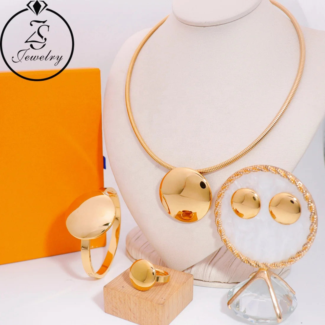 Round Big Huggie Earrings Choker Necklace Set Fashion Women's Gold Plated Stainless Steel Jewelry for Wedding Bangle Necklace