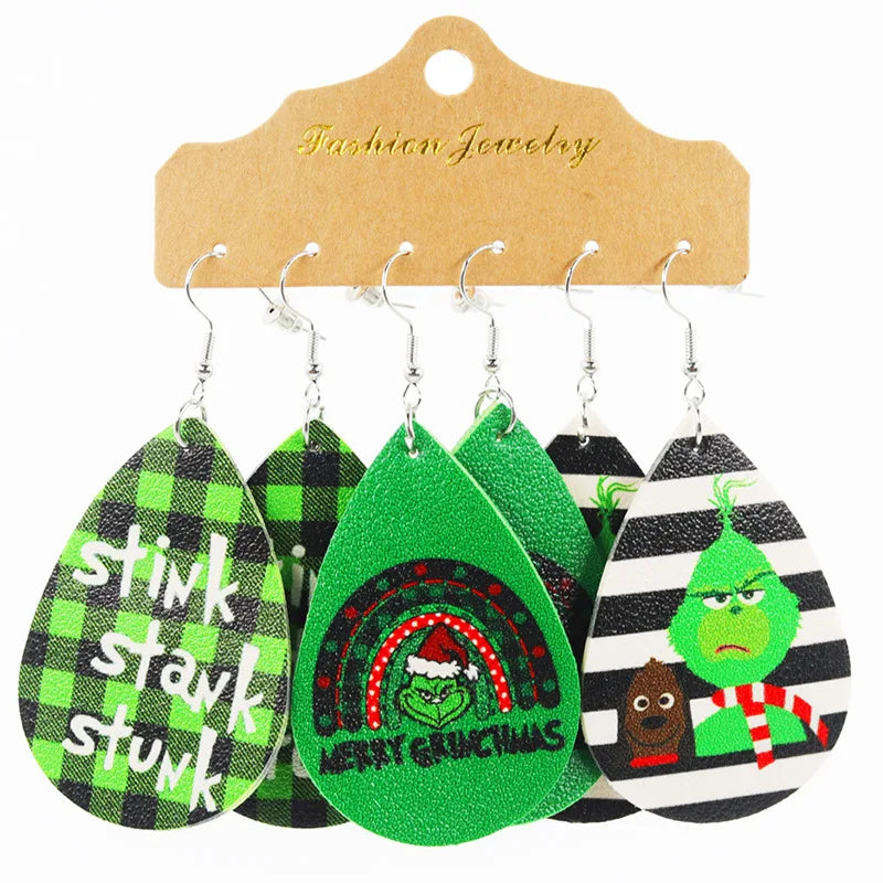 Christmas Fashion Drop Earrings 3 Pairs Set with PU Leather Grinch Christmas Hat Pendant Elegant and Stylish