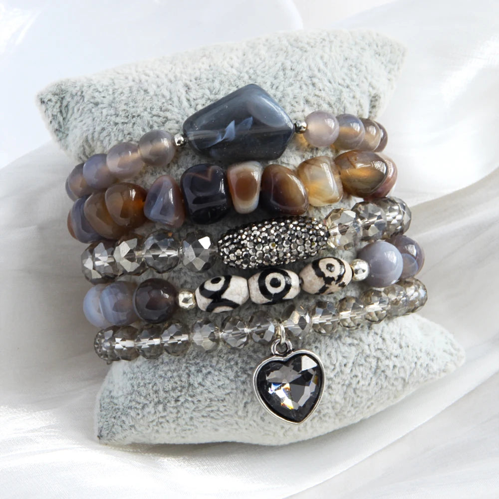 Fashion New Bohemian Women Jewelry 5pcs Natural Stone Glass Handmade Beaded Elastic Bracelet Druzy Heart Stack Bracelet Set