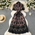 LE2171 Premium Lace Woman Long Dresses Retro Hollow Hook Flower Midi Evening Dress Slim Belted Office Ladies Prom Dresses