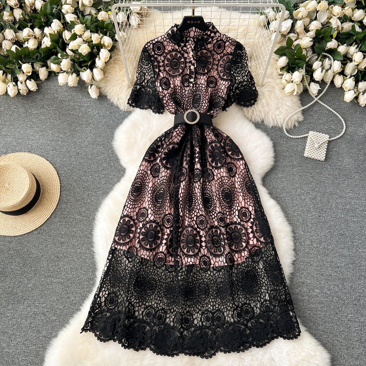 LE2171 Premium Lace Woman Long Dresses Retro Hollow Hook Flower Midi Evening Dress Slim Belted Office Ladies Prom Dresses