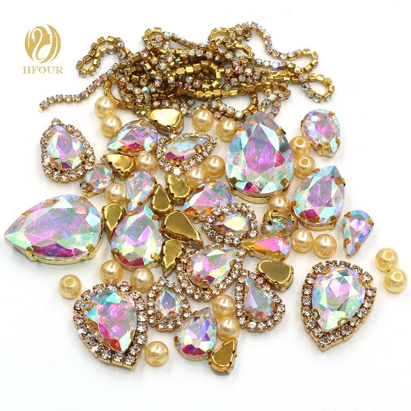 White AB Color 3D Glass Hot Selling Mixed Crystal Rhinestones Gold Cup Chain Regular DIY Sew-On Loose Rhinestones