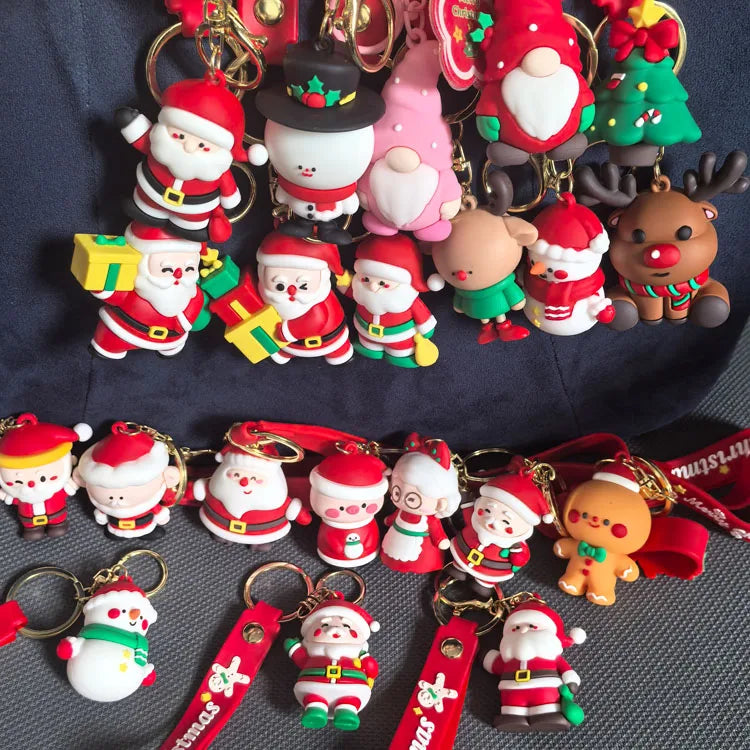 Wholesale DIY 3D Santa Claus Gingerbread Man Old Couple Christmas Keychains Soft Rubber Xmas Tree Cartoon Ornaments Metal