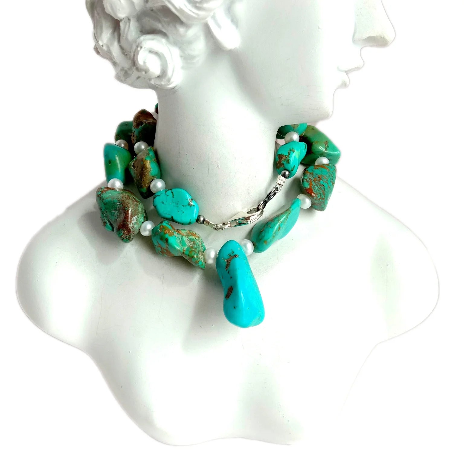 Natural Turquoise and pearl 925 Sterling Silver Turquoise jewelry gemstone beads necklace