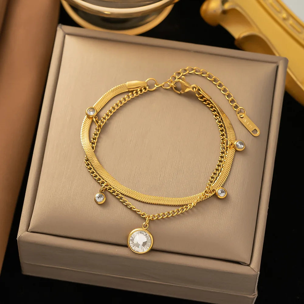 Popular Fashion Niche Double-layer Stacked  Round Diamond Pendant All-match Bracelet