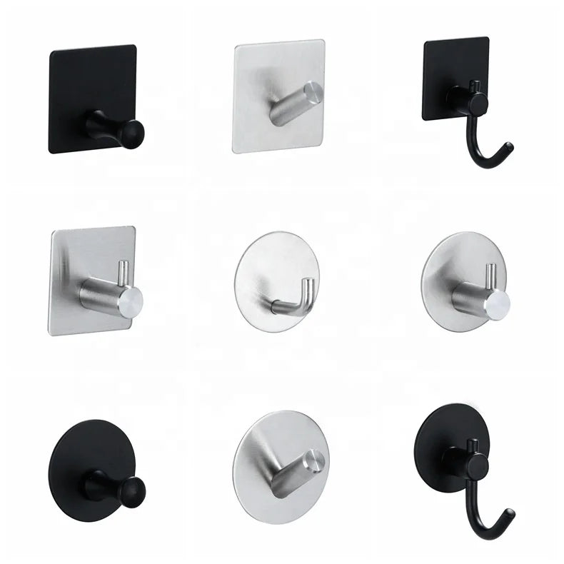 Heavy Duty 304 Stainless Steel Adhesive Wall Hook No Drill Punch Free Bathroom Kitchen Coat Towel Hanger Brushed Wholesale