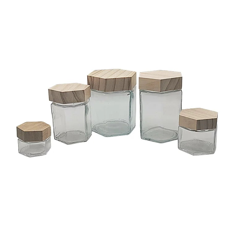 45ml 60ml 85ml 100ml 180ml 280ml 280ml 500ml 730ml Hexagonal Glass Honey Jar With Wooden Lid