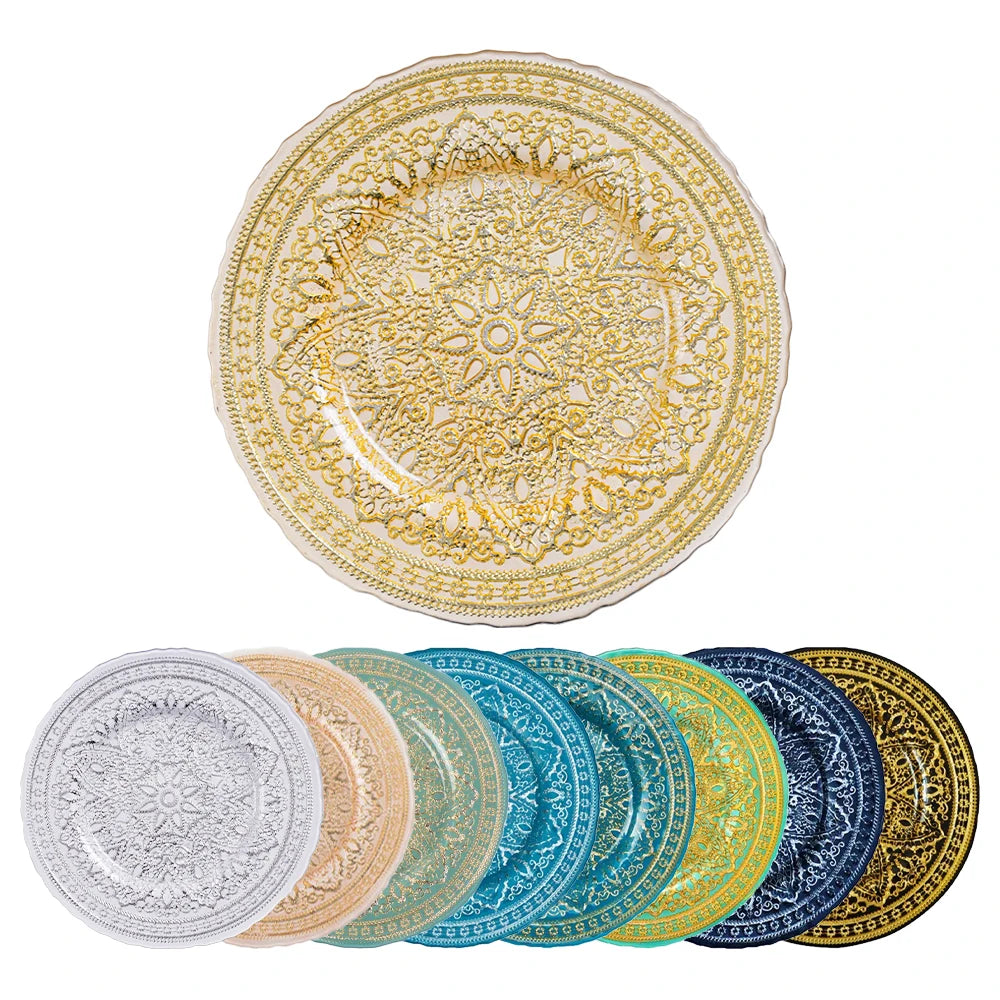 European Vintage Luxury Dinner Set Light Gold White Nordic Glass Charger Plate for Commercial Hotels 120pcs