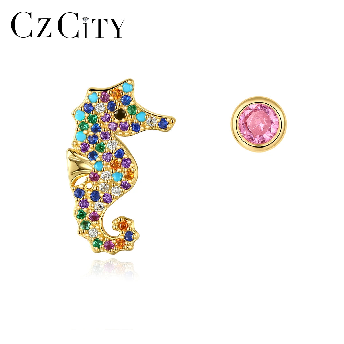 CZCITY 18K Gold Plated Cute Animal Rainbow Cubic Zirconia Trendy Stud Earrings Women Fashion