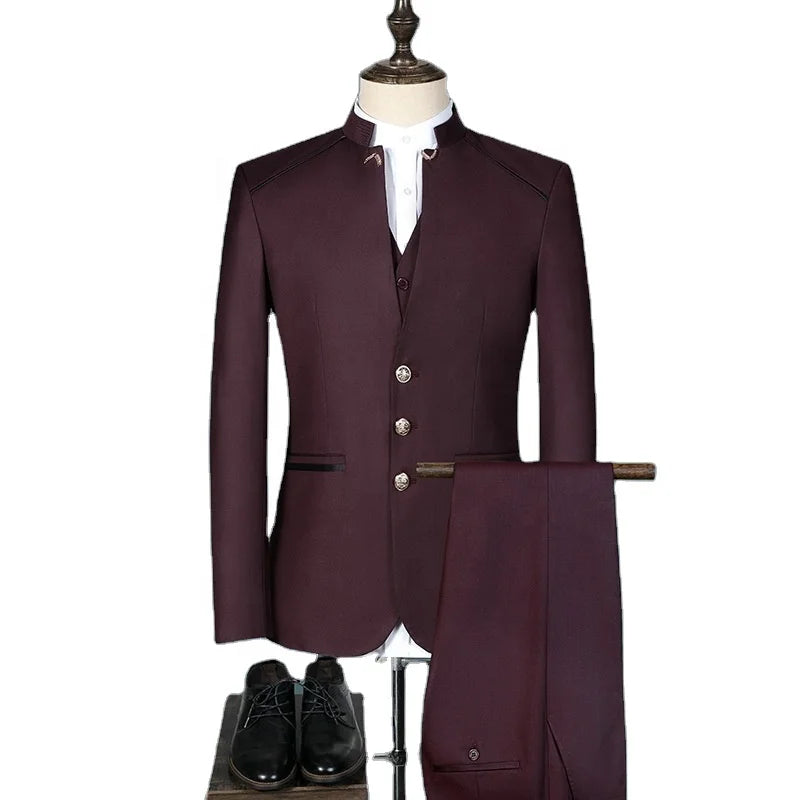 Men's Suit British Style Three-Piece  Stand-Up Burgundy Collar Tunic Male Formal for Groom Dress Suit