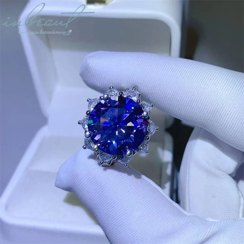 Silver 925 Original Brilliant Cut 3 Carat Diamond Test Past Royal Blue Moissanite Ring for Teen Girls Wedding Gemstone Jewelry