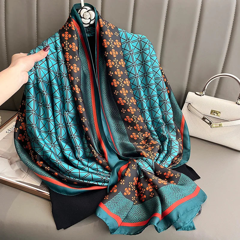 Fashion Ladies Long Large Soft Silk Hair Scarves Muslim Women Luxury Branded Designer Silk Printed Shawls Head Hijabs