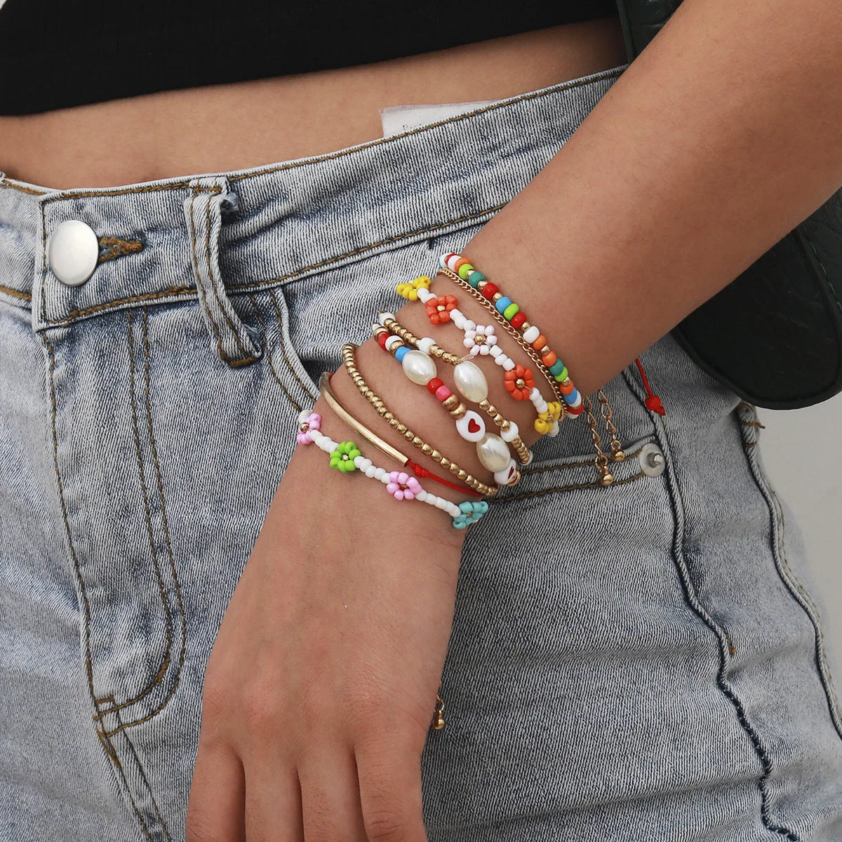 Handmade Bohemian Glass Rice Beads Clay Bead Stackable Men's Bracelet with Crystal Rhinestone for Anniversary Occasion