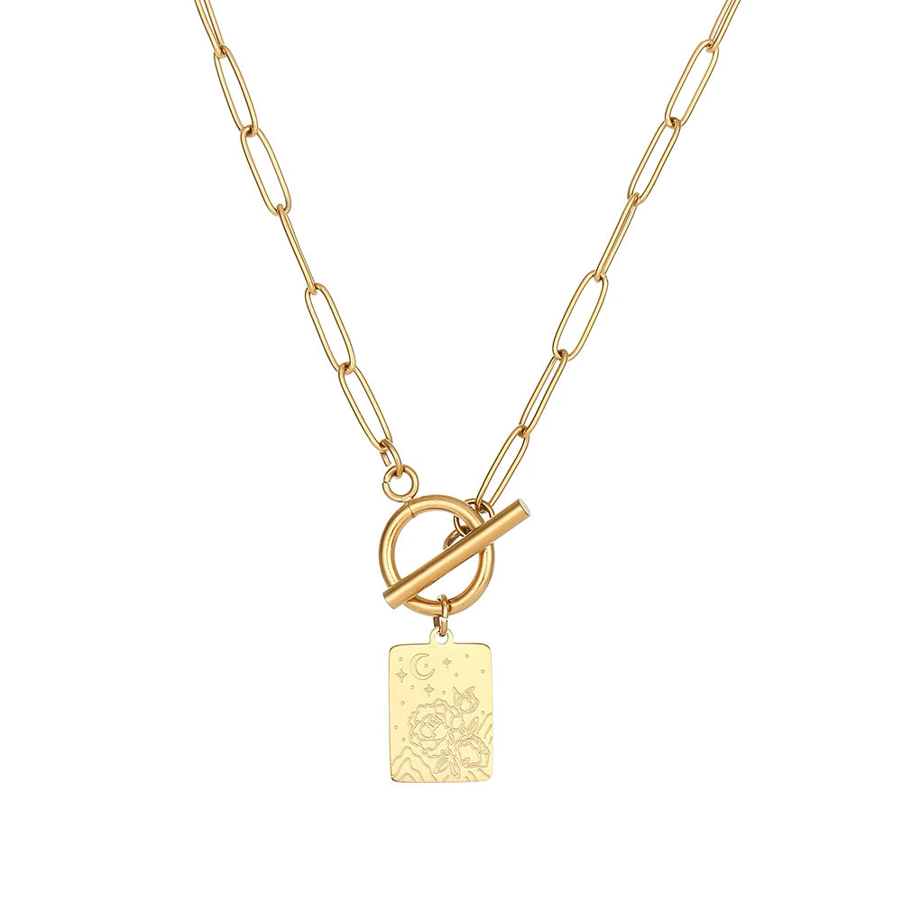 Trendy Stainless Steel Paperclip Chain 18K Gold Plated Flower Moon Night Star Square Pendant Necklace