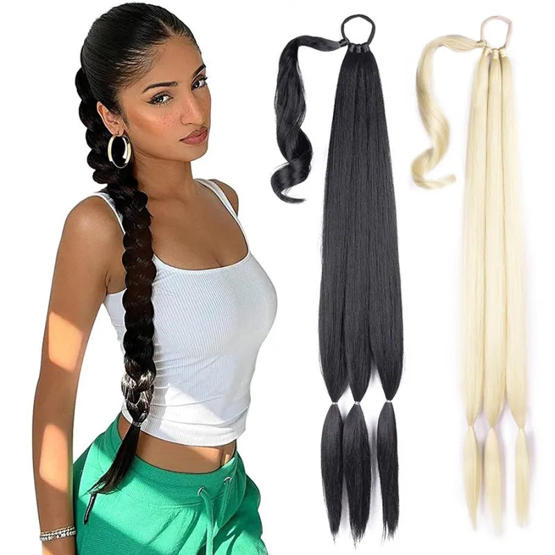 Private Label 32" Rubber Band Braiding Ponytail Extensions Synthetic Boxing Braids Wrap Around Chignon Tail