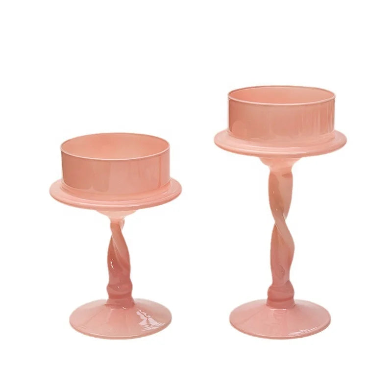 Handmade Pink Glass Candle Holder Ornament Spiral Rod Holiday Ambiance Decoration Cylinder Candle Wedding Supplies