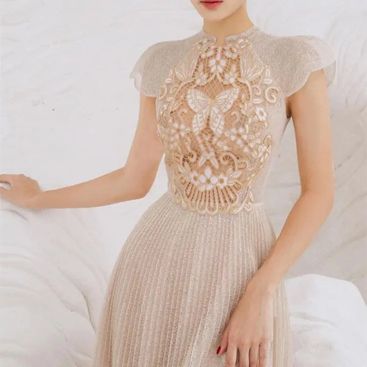 Boutique Wholesale 2026 Summer New Fashionable Water-soluble Lace Design Feeling Pleated Women's Dress