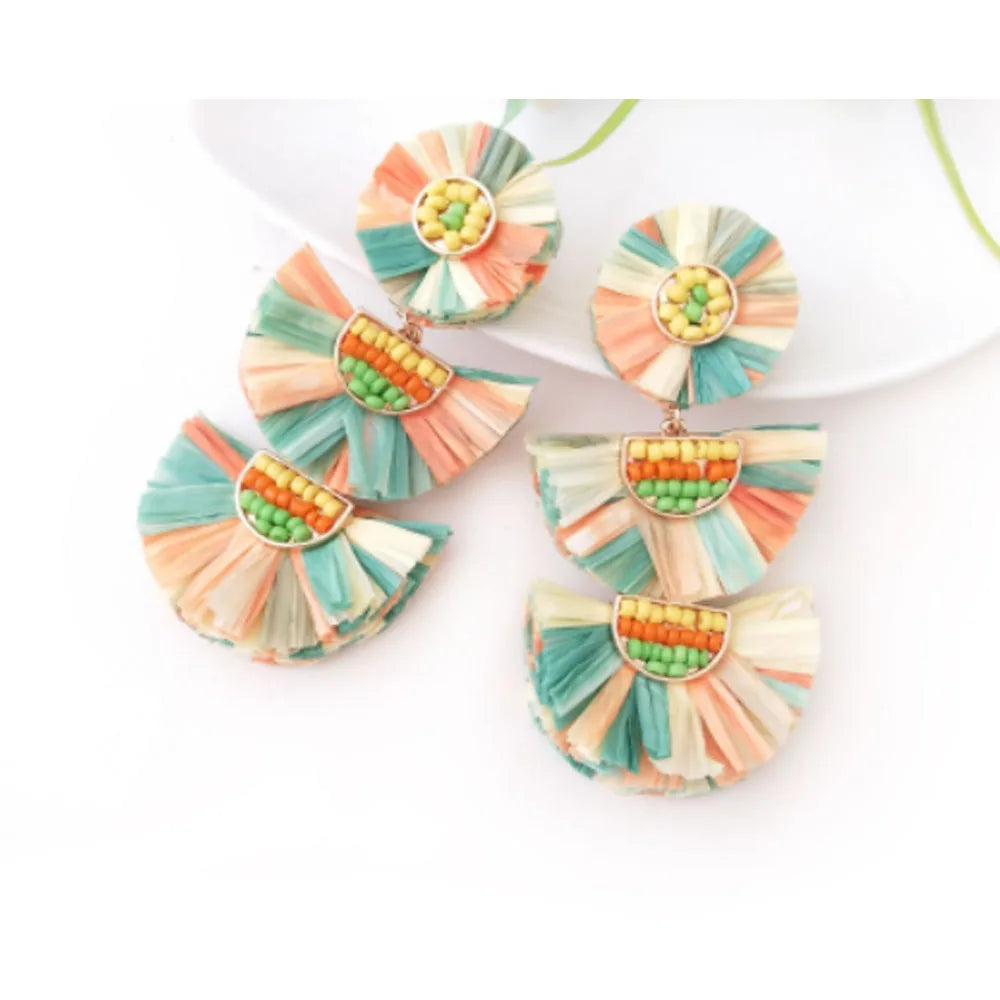 Handmade Bohemian Style Raffia Earring Flower Layered Earrings Women Beach Dress Party Jewelry