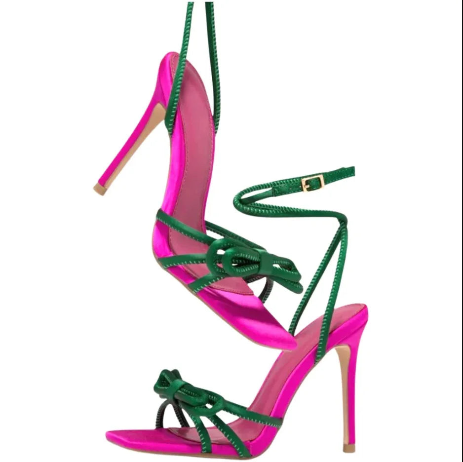 2024 New Fashion Style Mixed Color Satin Bow Tie Ankle Straps Handmade Customized Square Toe Sandals for Women