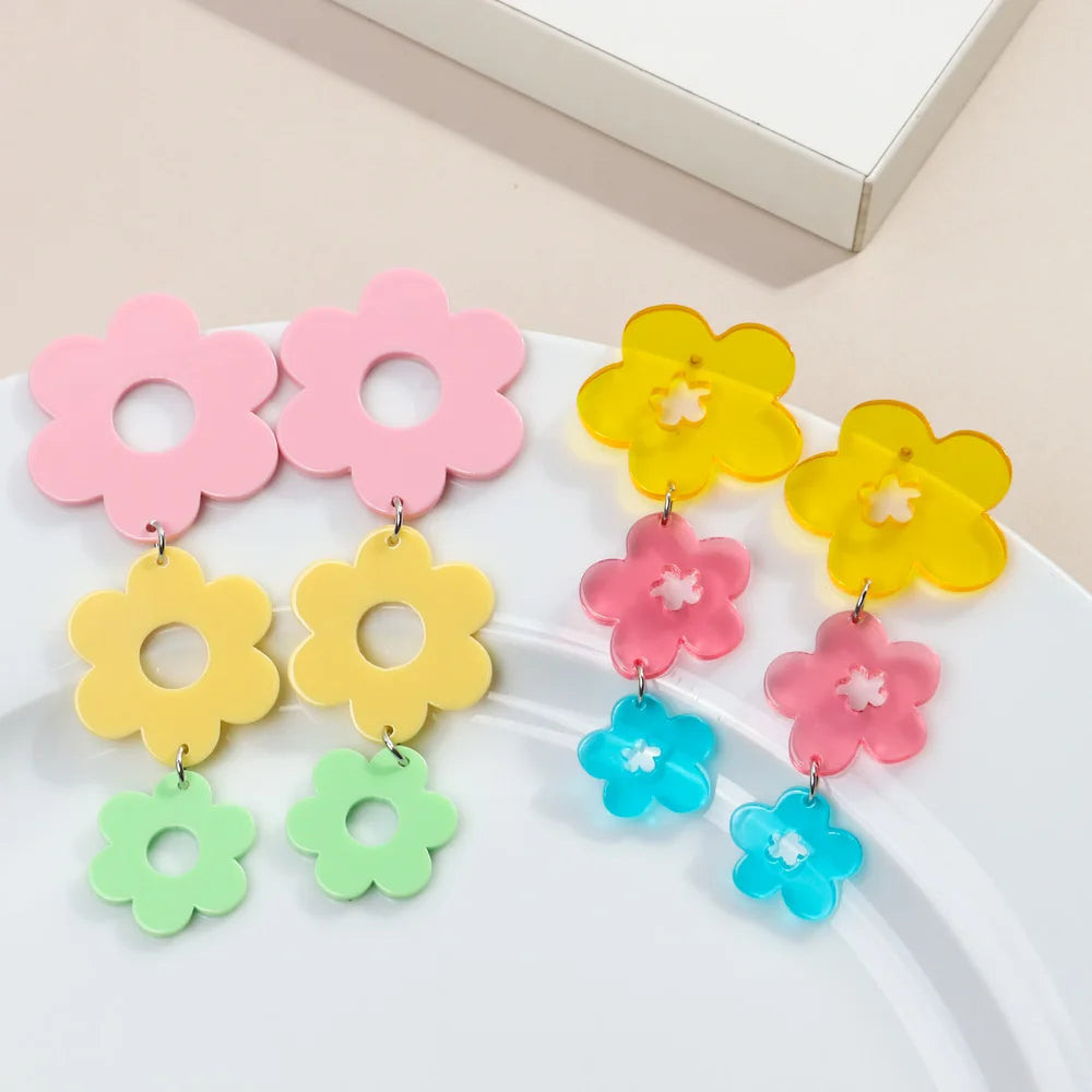 French Retro Romantic Valentine's Day Gift Acrylic Drop Earrings High Quality Sweet Clear Long Colorful Cutout Flower Tassel