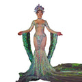 Sexy Rhinestone Sequin Party Mermaid Long Dress Women Drag Queen Stage Costume Nude Crystal Tassel Evening Prom Dress