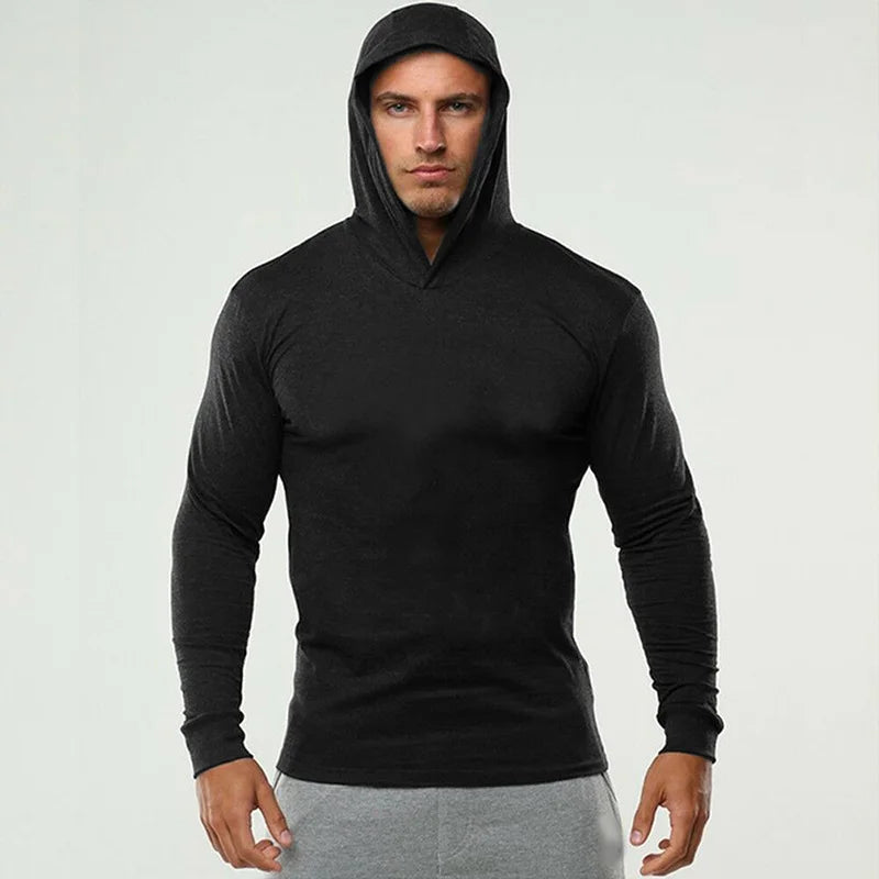 Wholesale Custom Breathable Cotton Solid Color Long Sleeve Tshirt Mens Hooded-collar