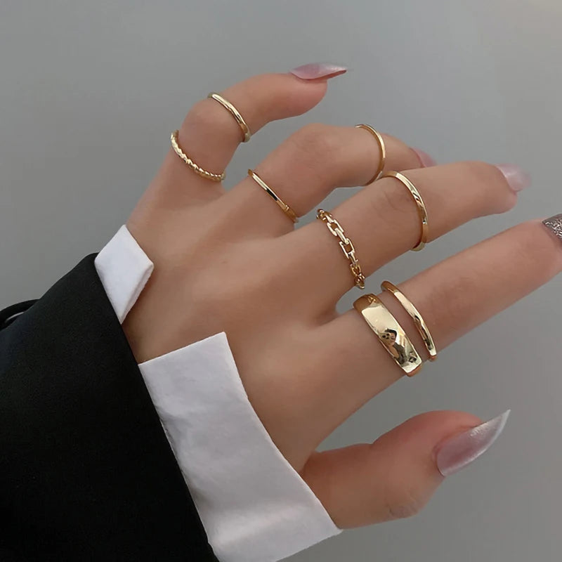RisingMoon Copper Silver Gold Colors 7pcs Ring Set Hollow Round Opening Women Finger Gold Plated Ring