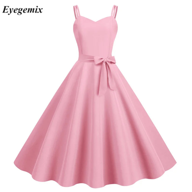 Spaghetti Strap Sexy Backless Party Dress Women Summer 50s Vintage Elegant High Waist Midi Dress