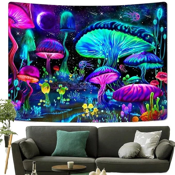 Beiliou Custom Printed Toad Mushroom UV Reactive Black Light Psychedelic Trippy Tapestry for Bedroom Decoration