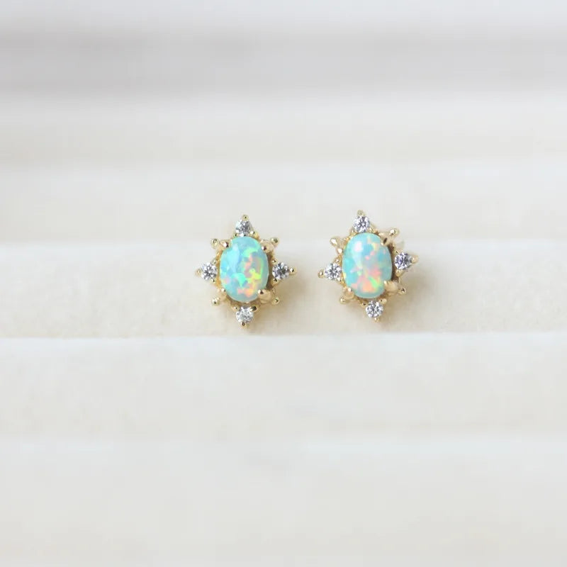 Wholesale Japanese Style Versatile 925 Sterling Silver Zircon Stud Earrings 14K Gold Opal Earrings Women