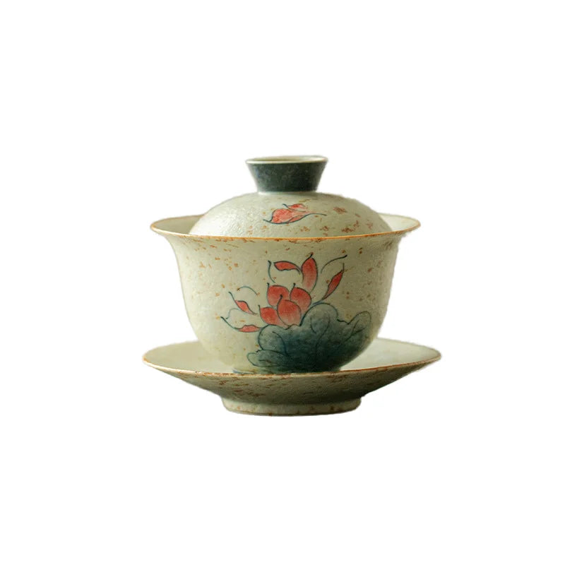Hand-Painted Blue White Red Sancai Lotus Design Kung Fu Tea Set High-Value 150ml Ceramic Gaiwan Flintstone Style