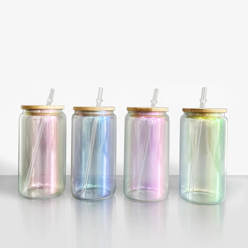 12oz 16oz Sublimation Frosted Iridescent Glass Can Tumblers with Lid Customizable Logo Modern Design Travel Use