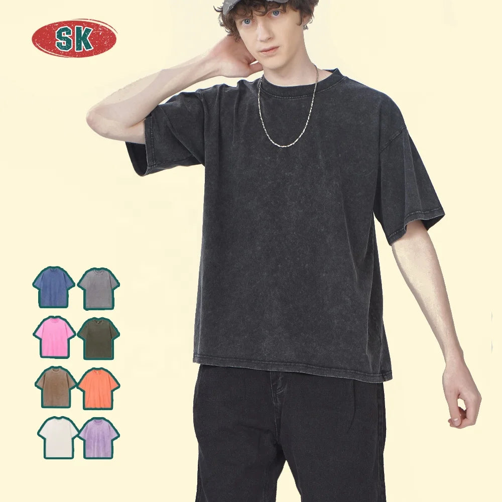Wholesale Acid Washed Heavy Weight Blank Tee T Shirt Oversized Wash Heavyweight Cotton T-Shirt Oversize Vintage Tshirt for Men