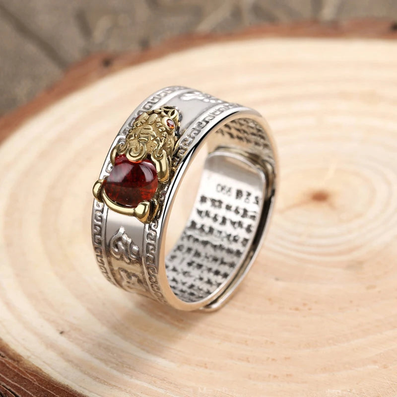New Arrival Red Jade Garnet Brass Piyao Finger Rings Lucky Rich Money Real Gold Plating Double Color Pixiu Rings