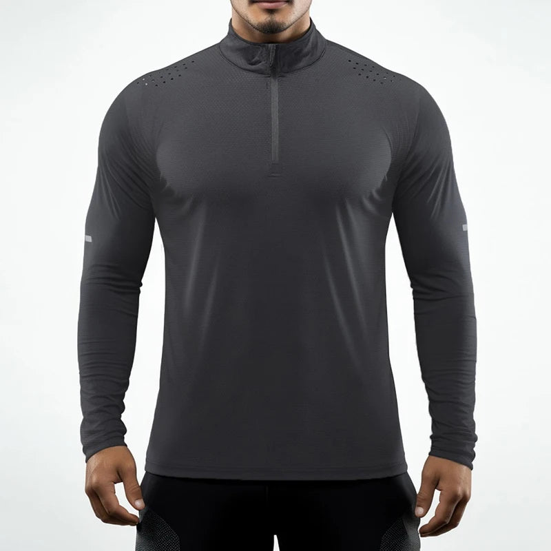 Long Sleeve Gym T Shirt Men Breathable Mesh Running Training Shirt 1/4 Zip Men Fitness Athletic Shirts