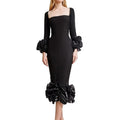C3724 European Style Long Sleeves Women Knitted Midi Dress Black Elegant Ladies Evening Dress