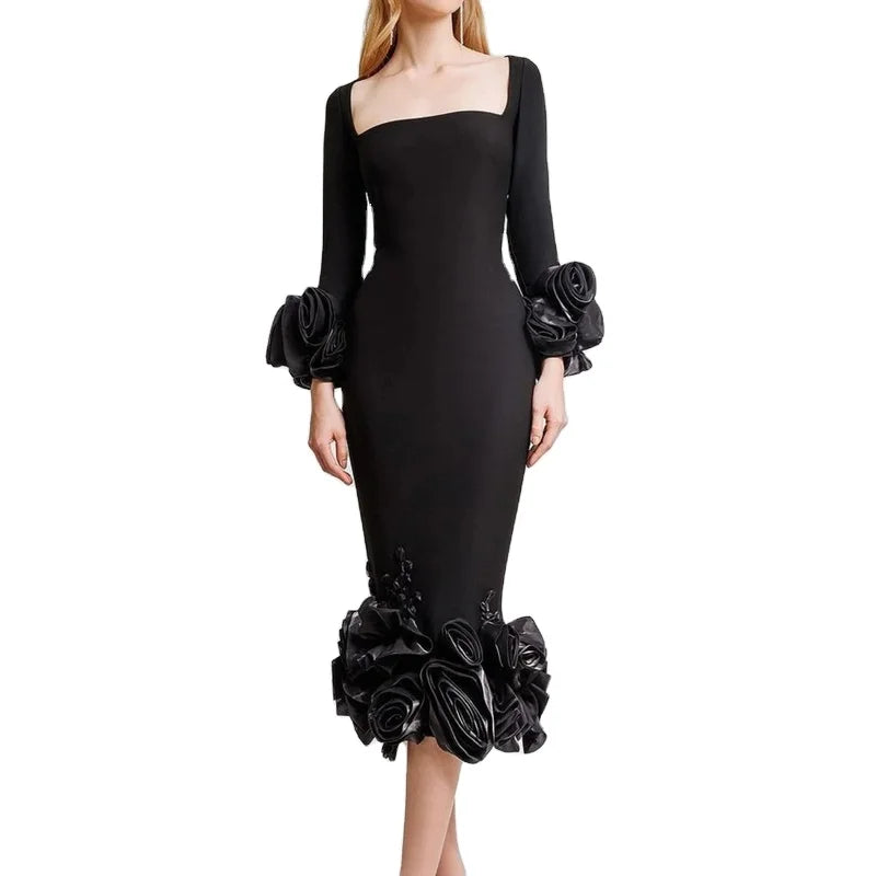 C3724 European Style Long Sleeves Women Knitted Midi Dress Black Elegant Ladies Evening Dress